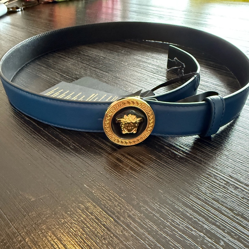 NWT Versace Navy Belt with Gold Medusa Emblem